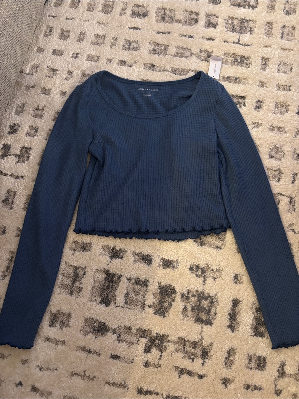 American Eagle Outfitters Dark Blue Ribbed Long-Sleeve Crop Top
